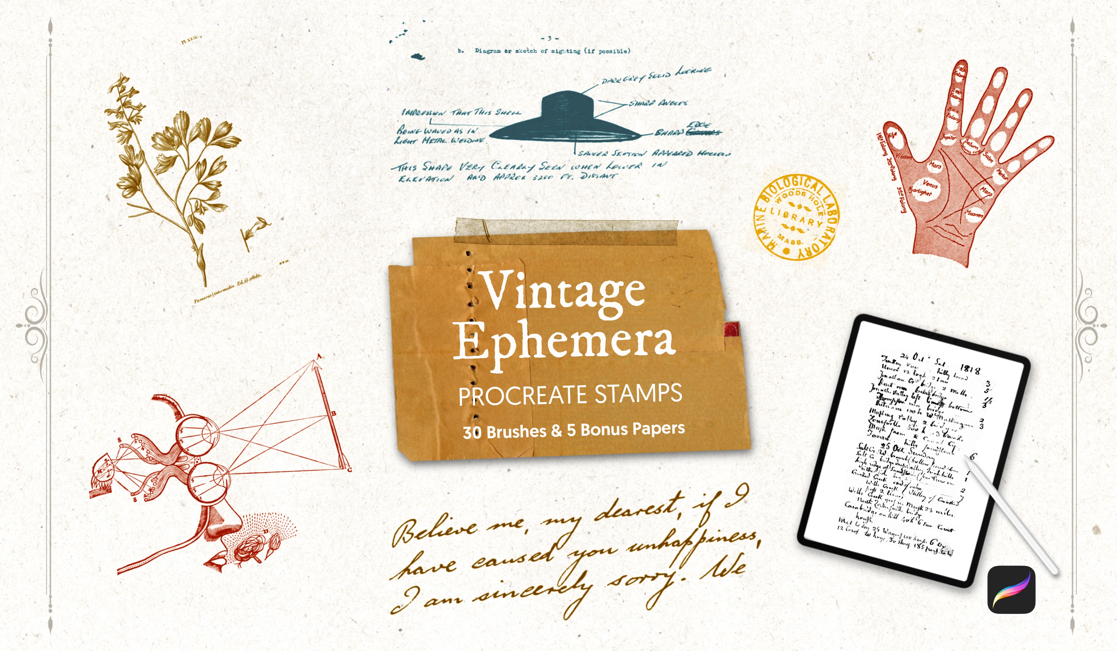 Vintage Ephemera Procreate Stamps | 30 Brushes + 5 Bonus Papers
