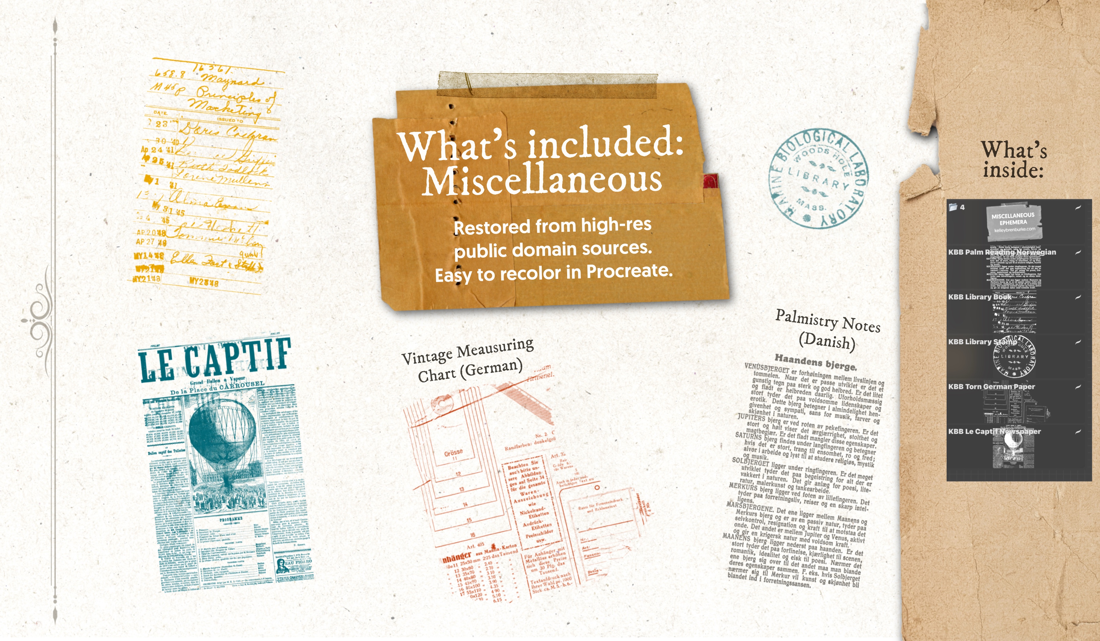 Vintage Ephemera Procreate Stamps | 30 Brushes + 5 Bonus Papers