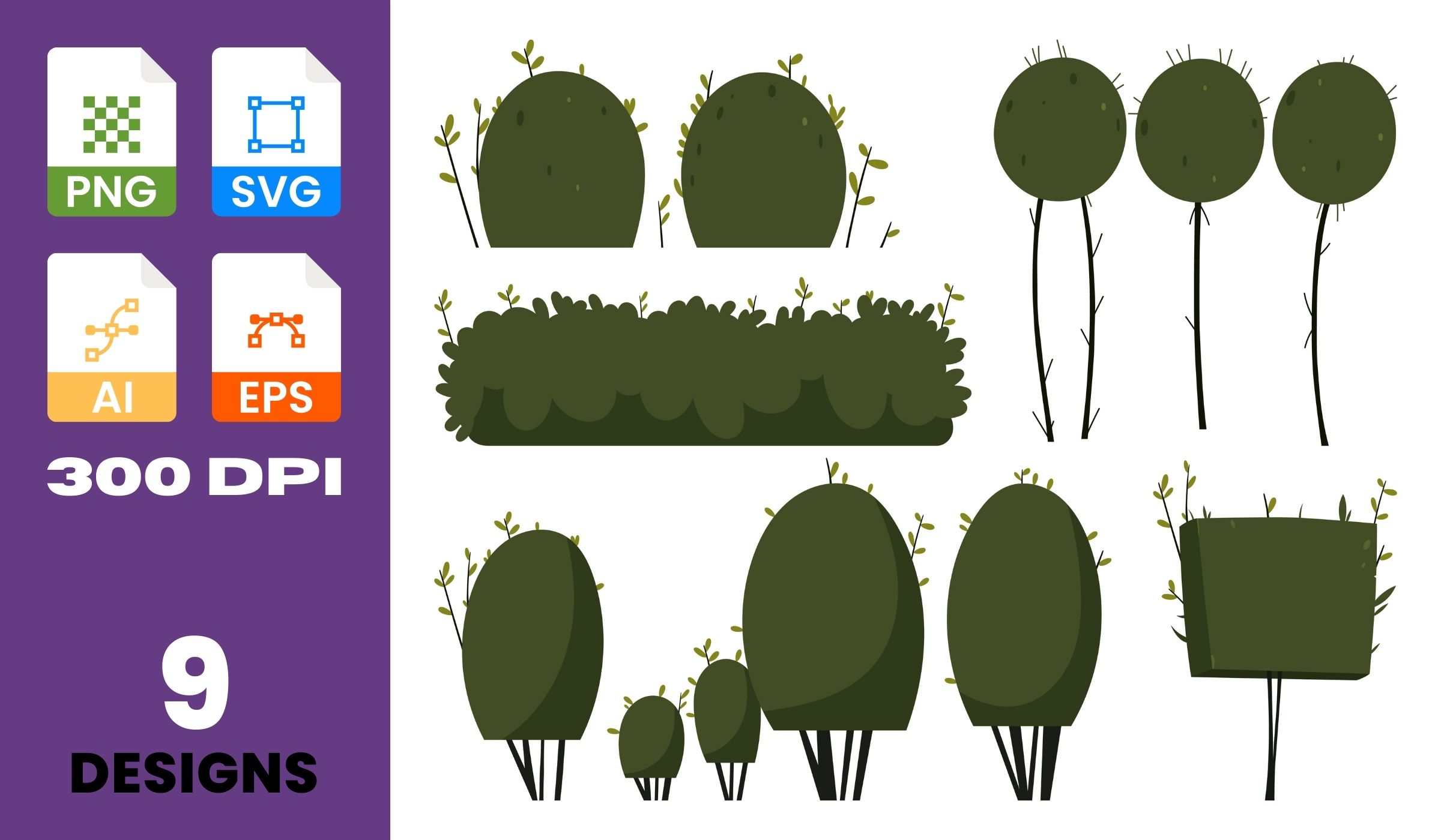 Green Bush Vector Illustration Set