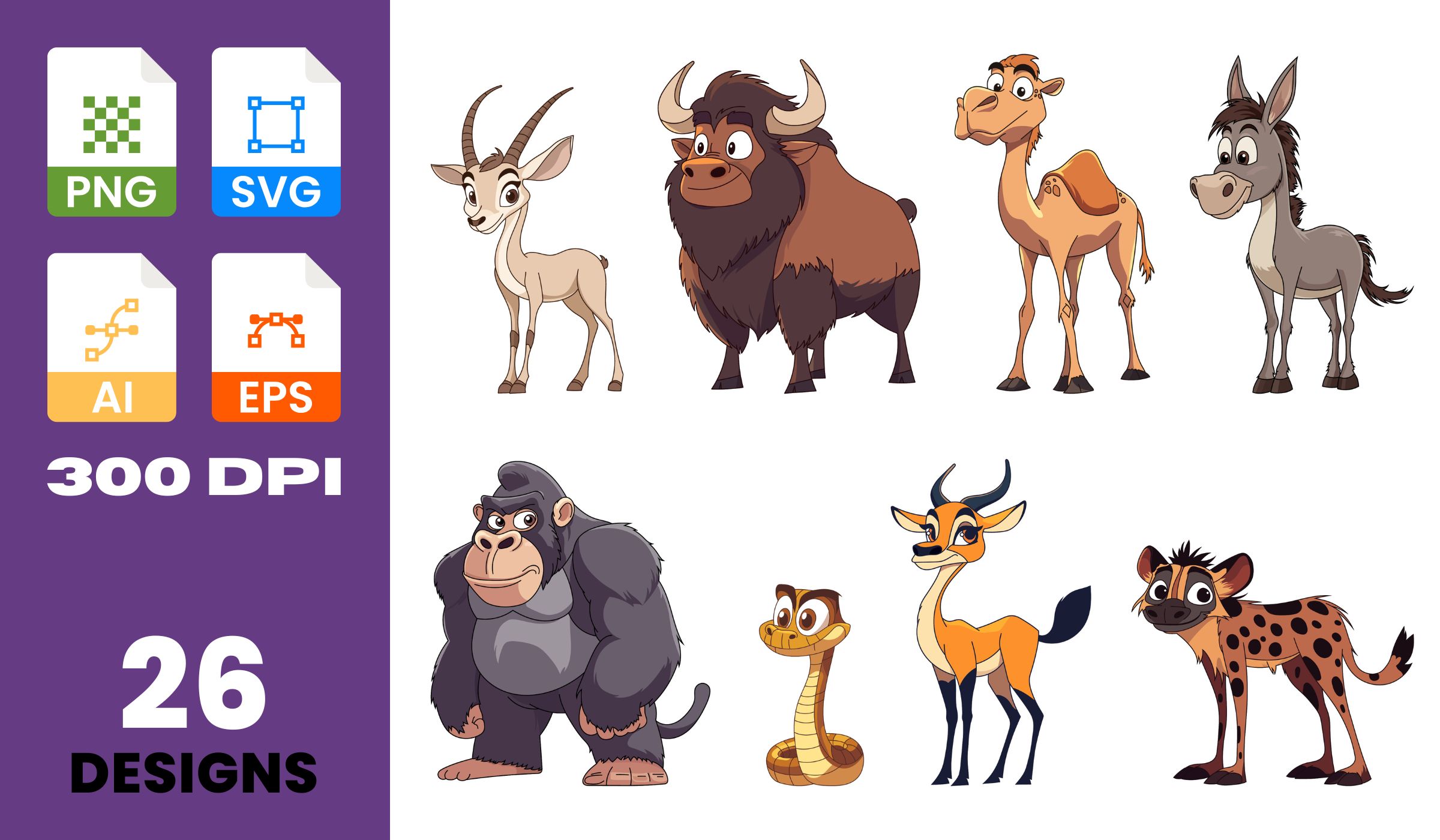 Wild animals clipart bundle in cartoon style