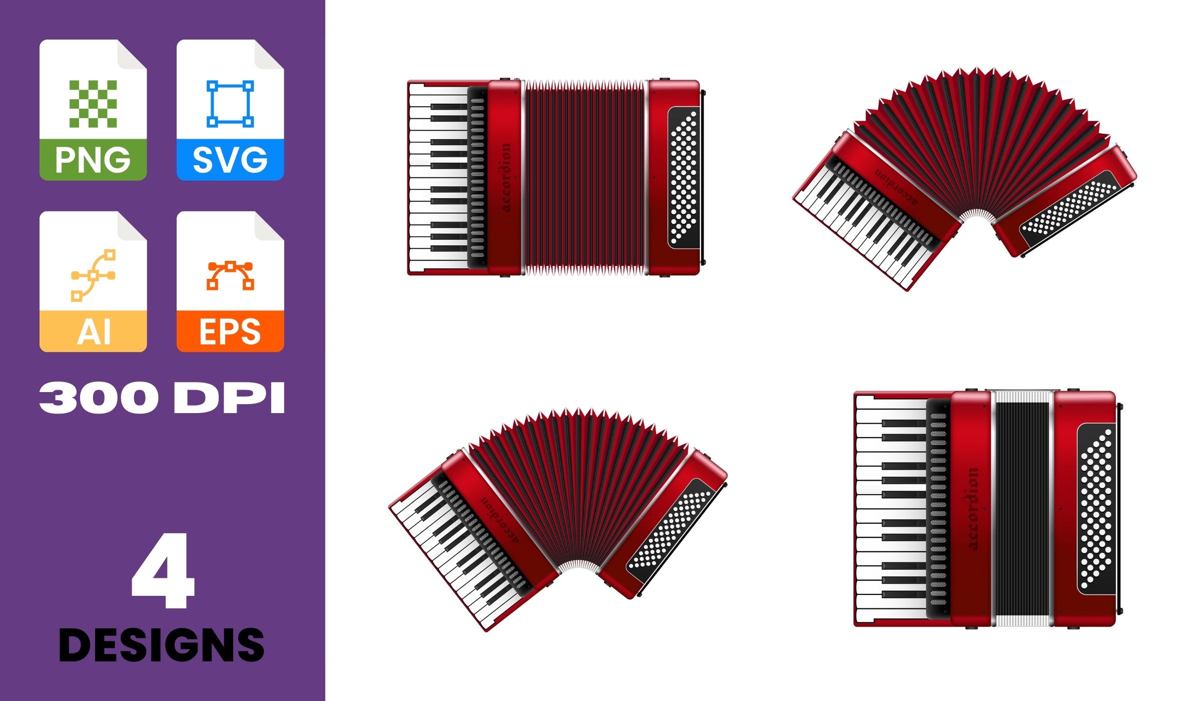 Retro red accordion, music instrument clipart