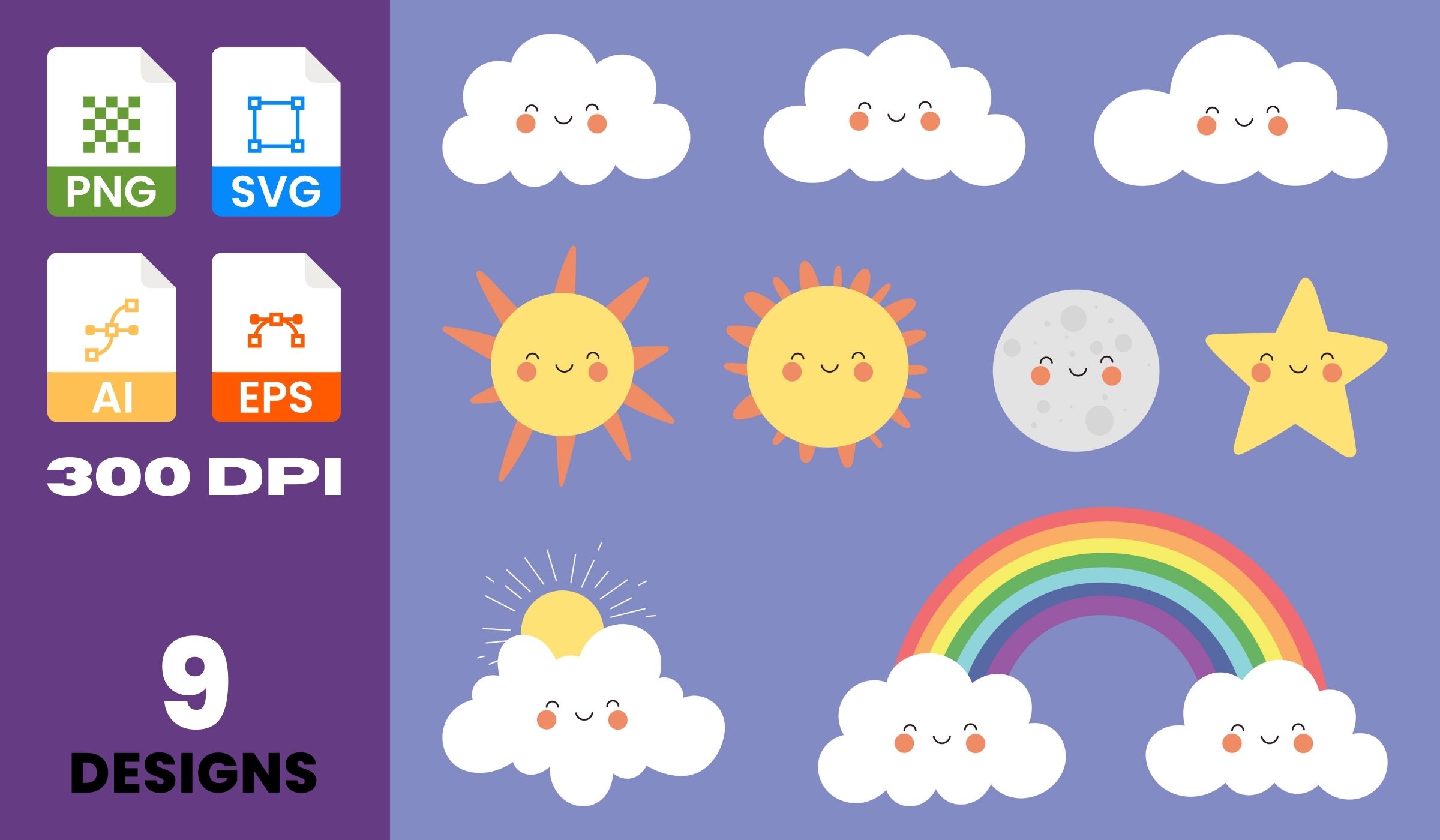 Cute Cartoon Clouds Rainbow and Sun Vector Set