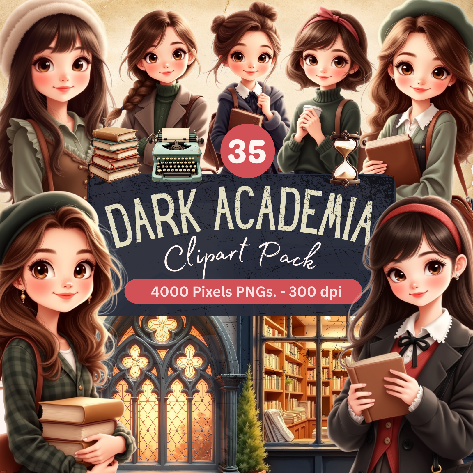 35 Dark Academia Clipart Pack, 300 dpi PNGs Gothic Aesthetic, Bo