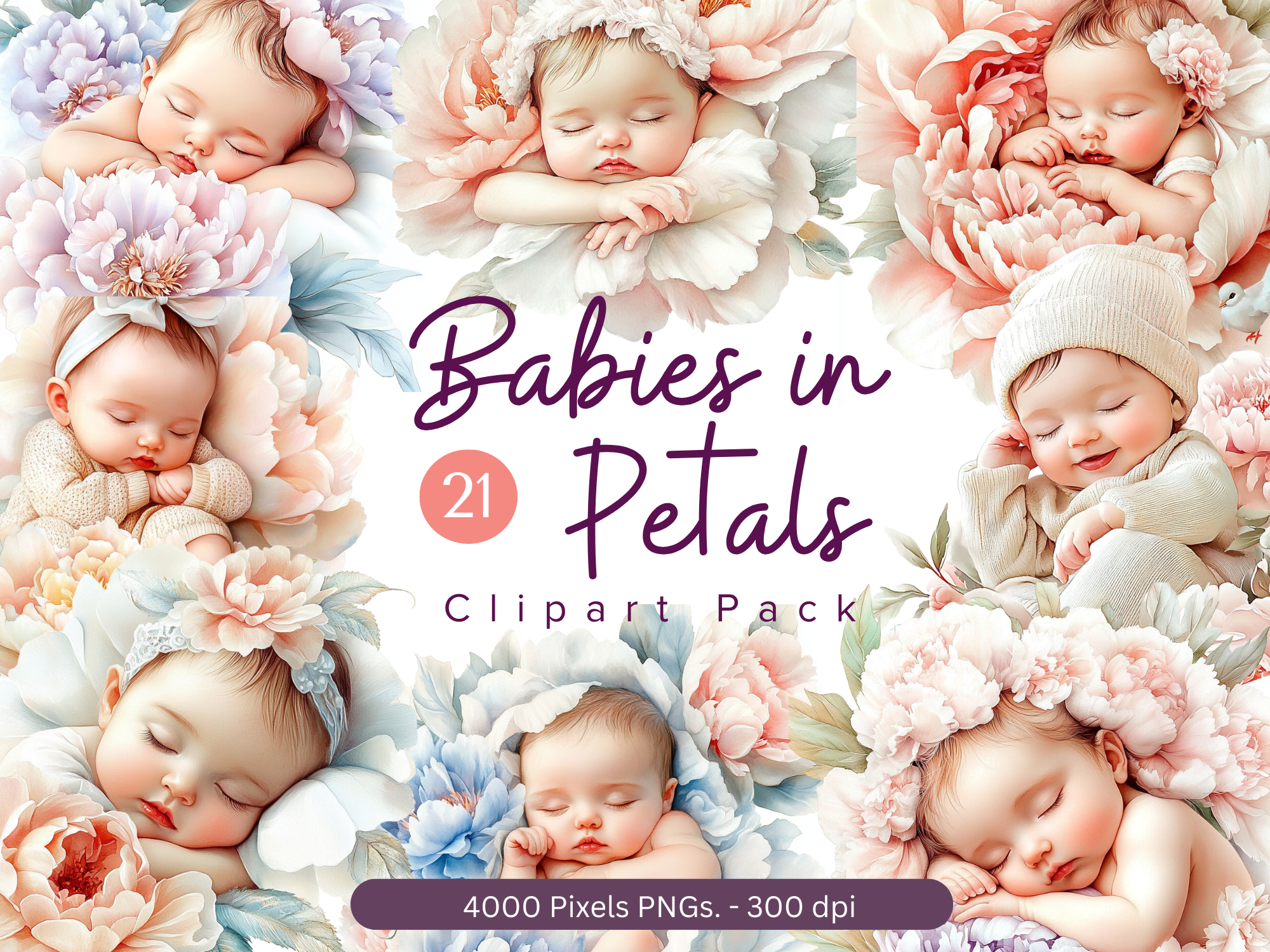 Babies in Bloom Clipart Pack - 21 PNGs 300 dpi- 4000x4000 px 