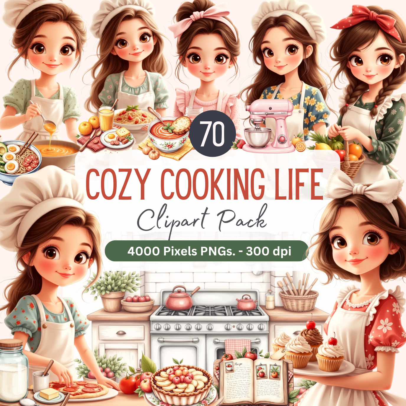 70 Cozy Cooking Clipart Pack -PNGs | Cute Chef Girls, Baking, Ki