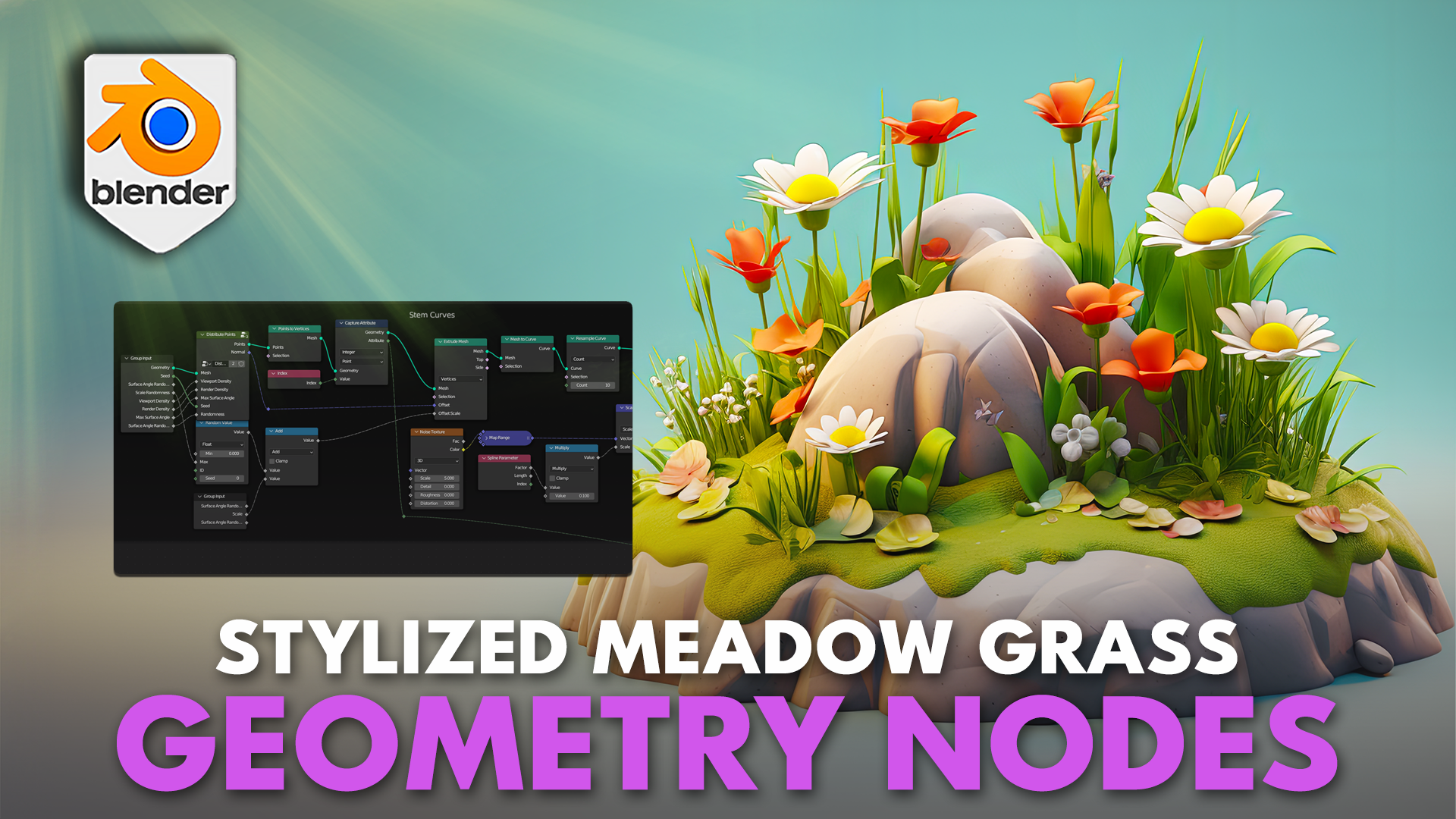 Blender Stylized Meadow and Grass Geometry Node by 3D Tudor