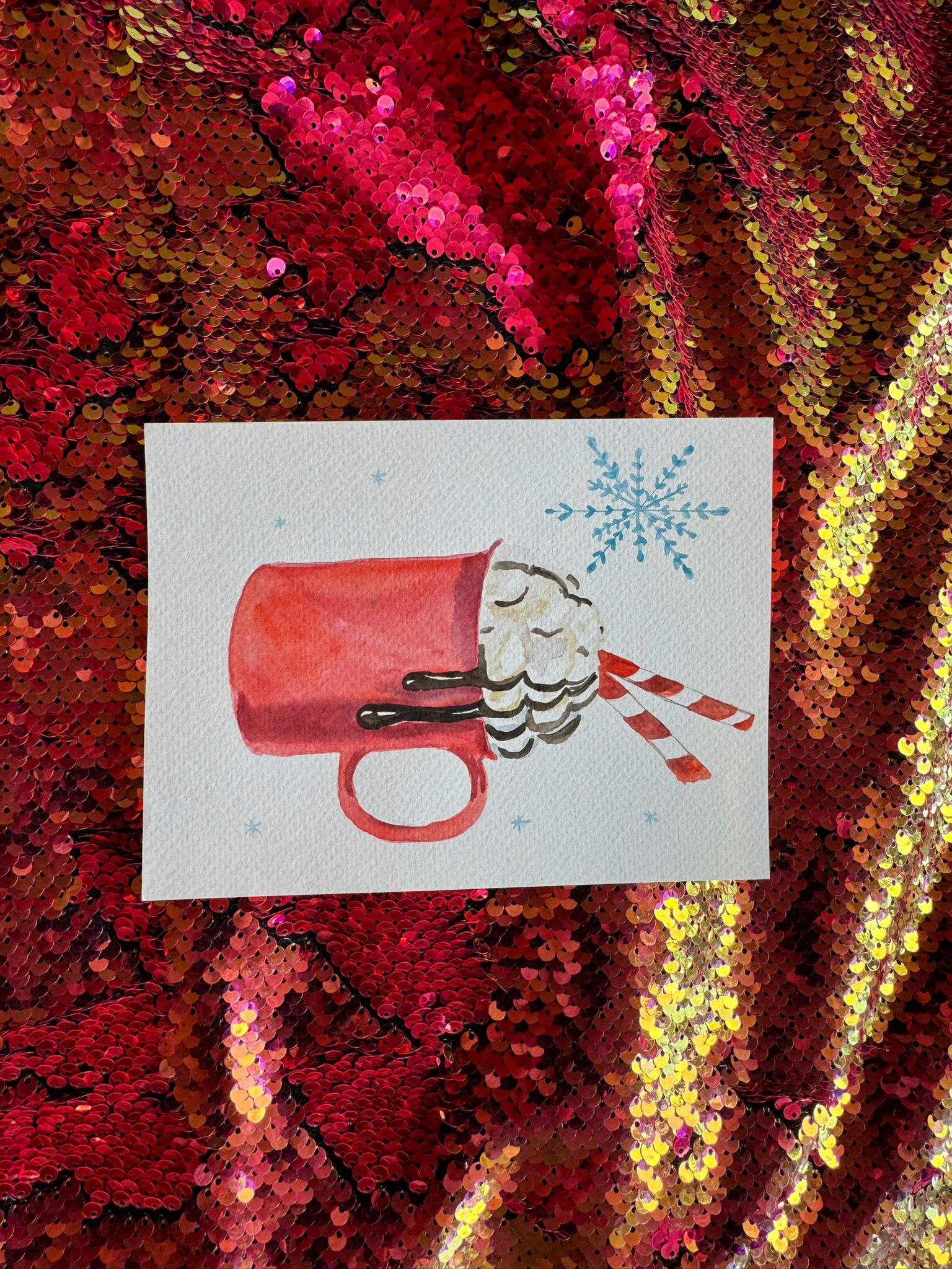 Christmas Postcard with Watercolor Cup of Chocolate
