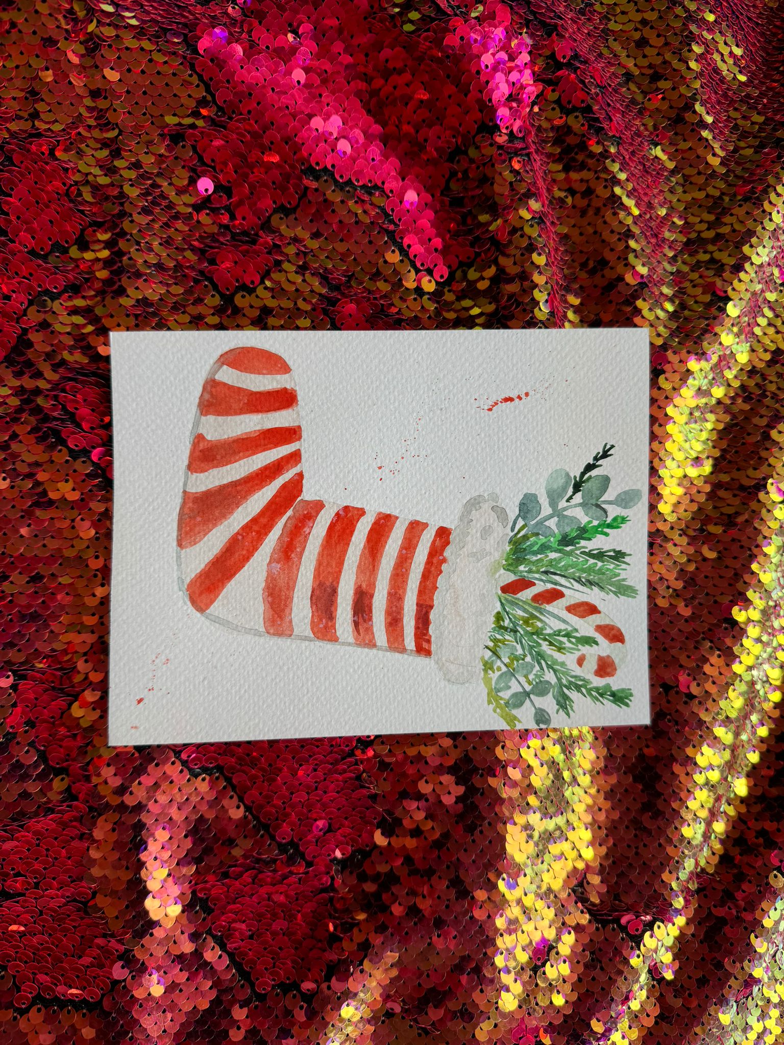 A6 Christmas Postcard with Watercolor Christmas Stocking 
