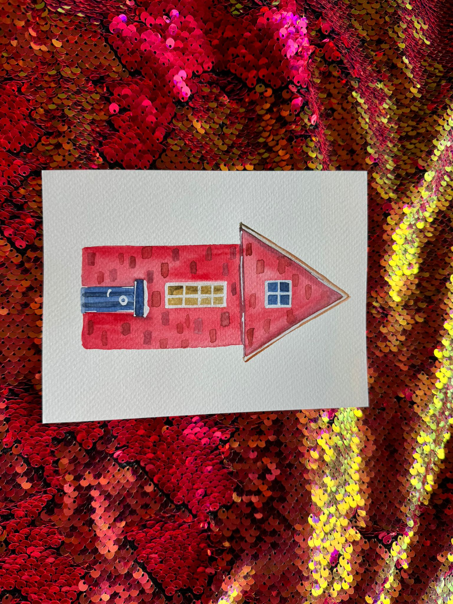 Christmas Postcard with Watercolor Victorian Red House