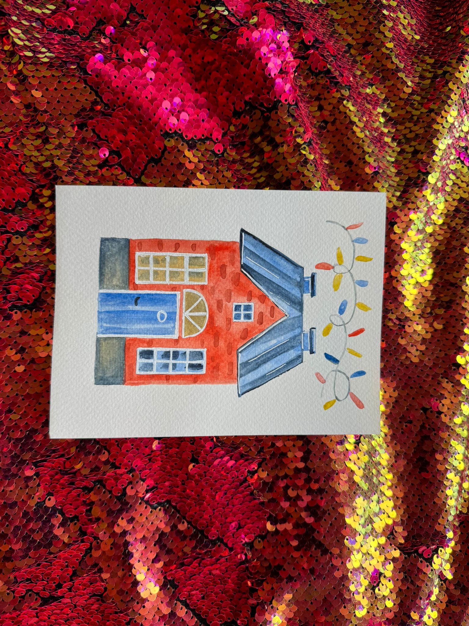 Christmas Postcard with Watercolor Victorian Red House Lights