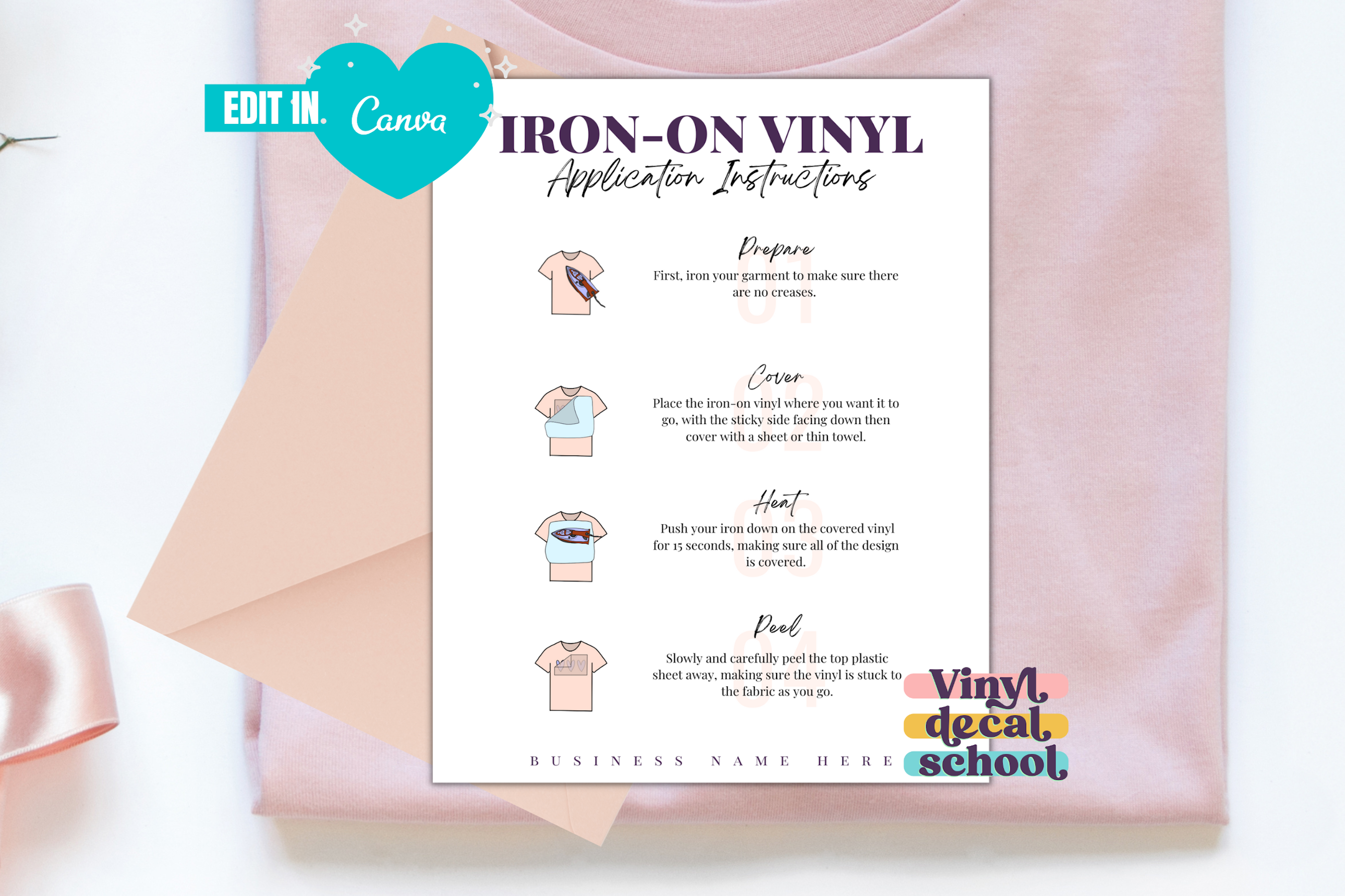 Editable Iron-On Vinyl Instruction Card with Illustrations