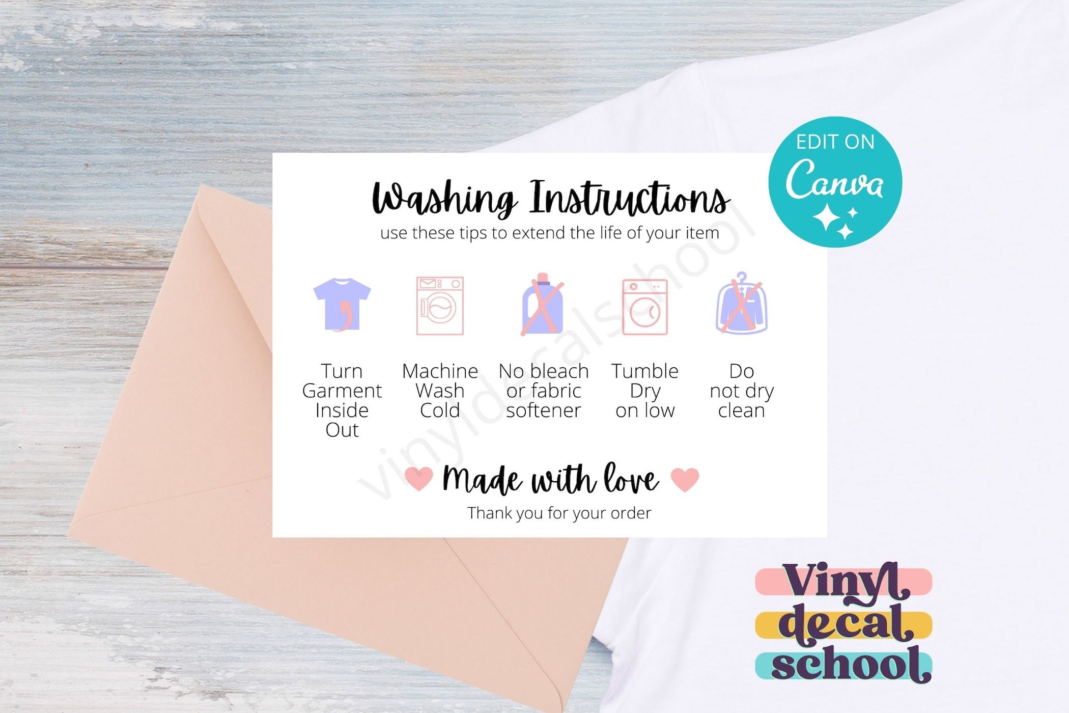 Editable Washing Instructions Card with Illustrations