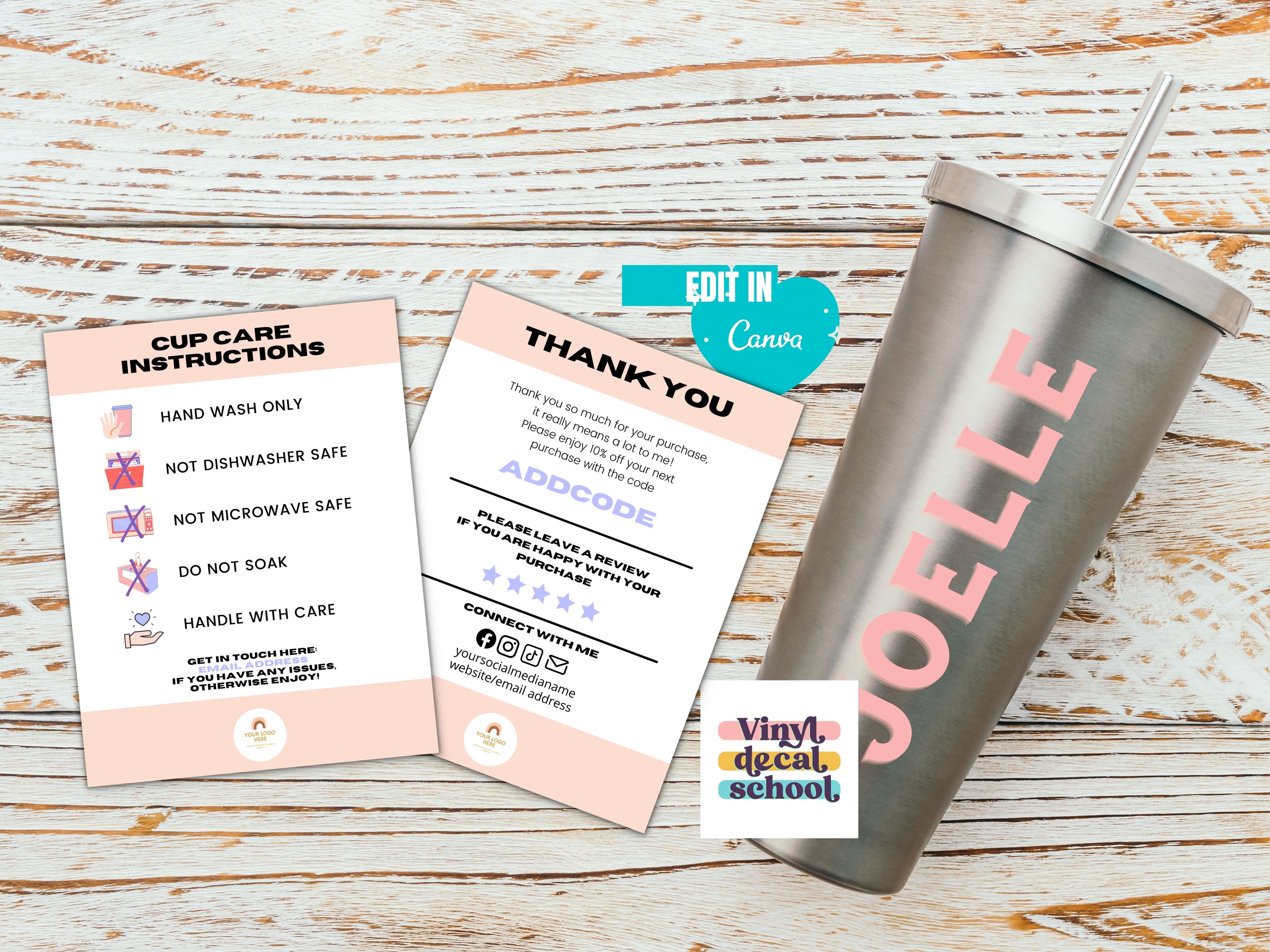 Printable & Editable Vinyl Cup Care Instructions + BONUS Sticker