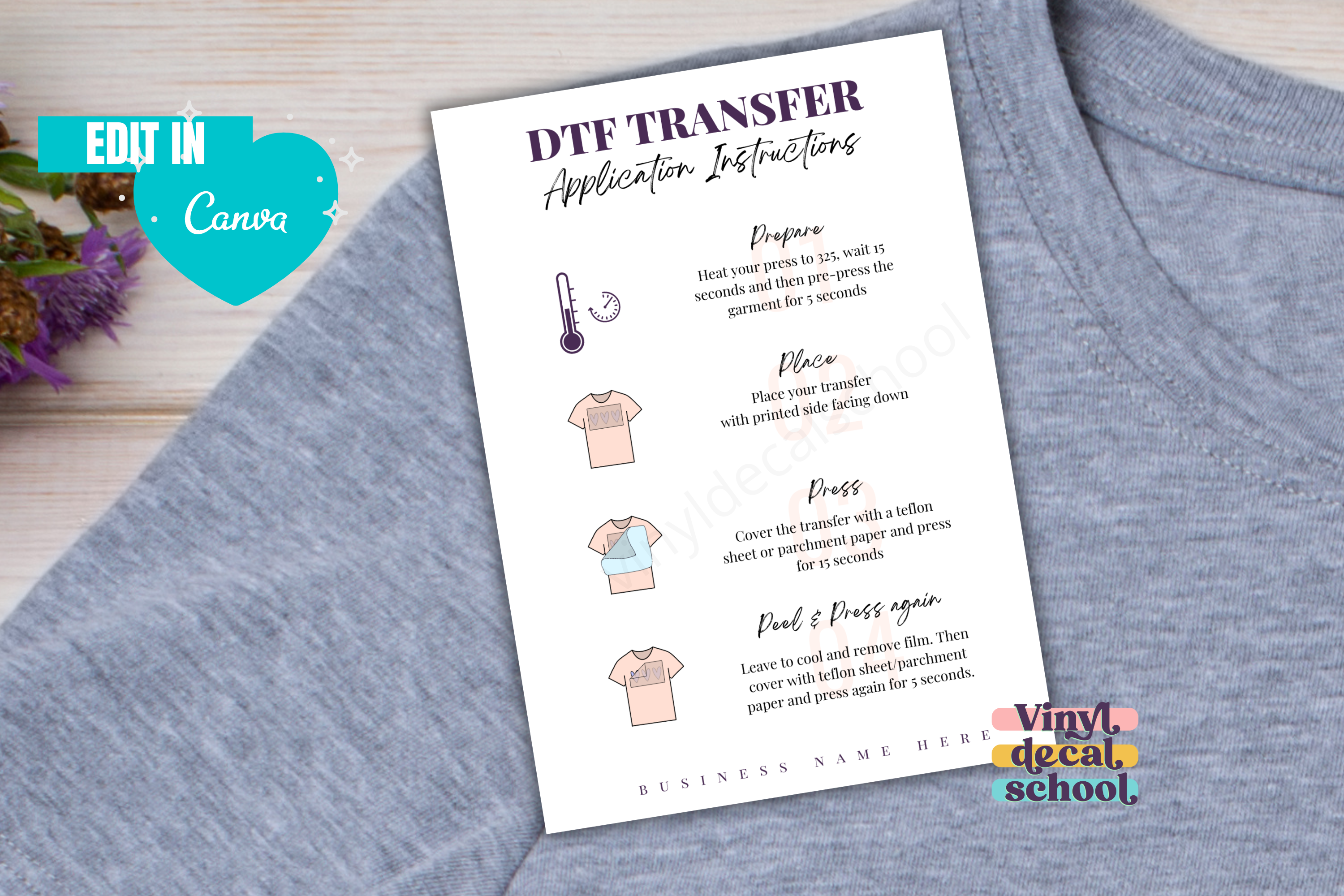 DTF Transfer Instruction Card with Illustrations