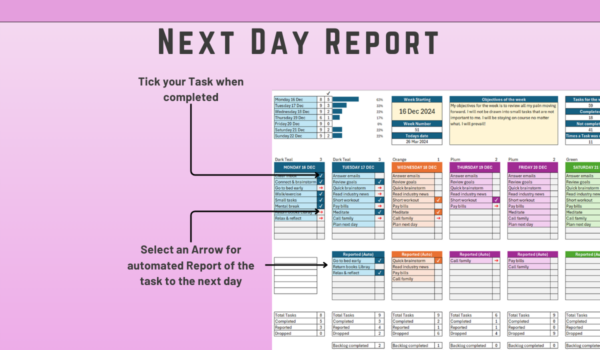 Weekly To-Do List with Automated Backlog in Excel | Planner
