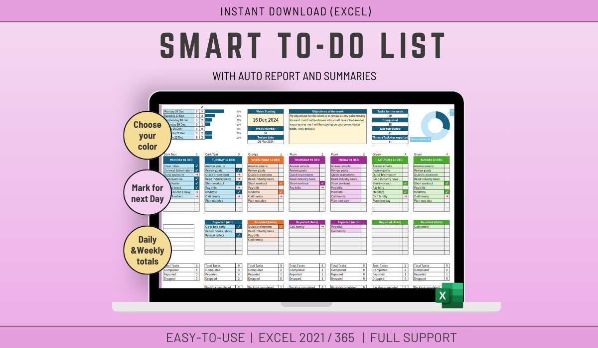 Weekly To-Do List with Automated Backlog in Excel | Planner
