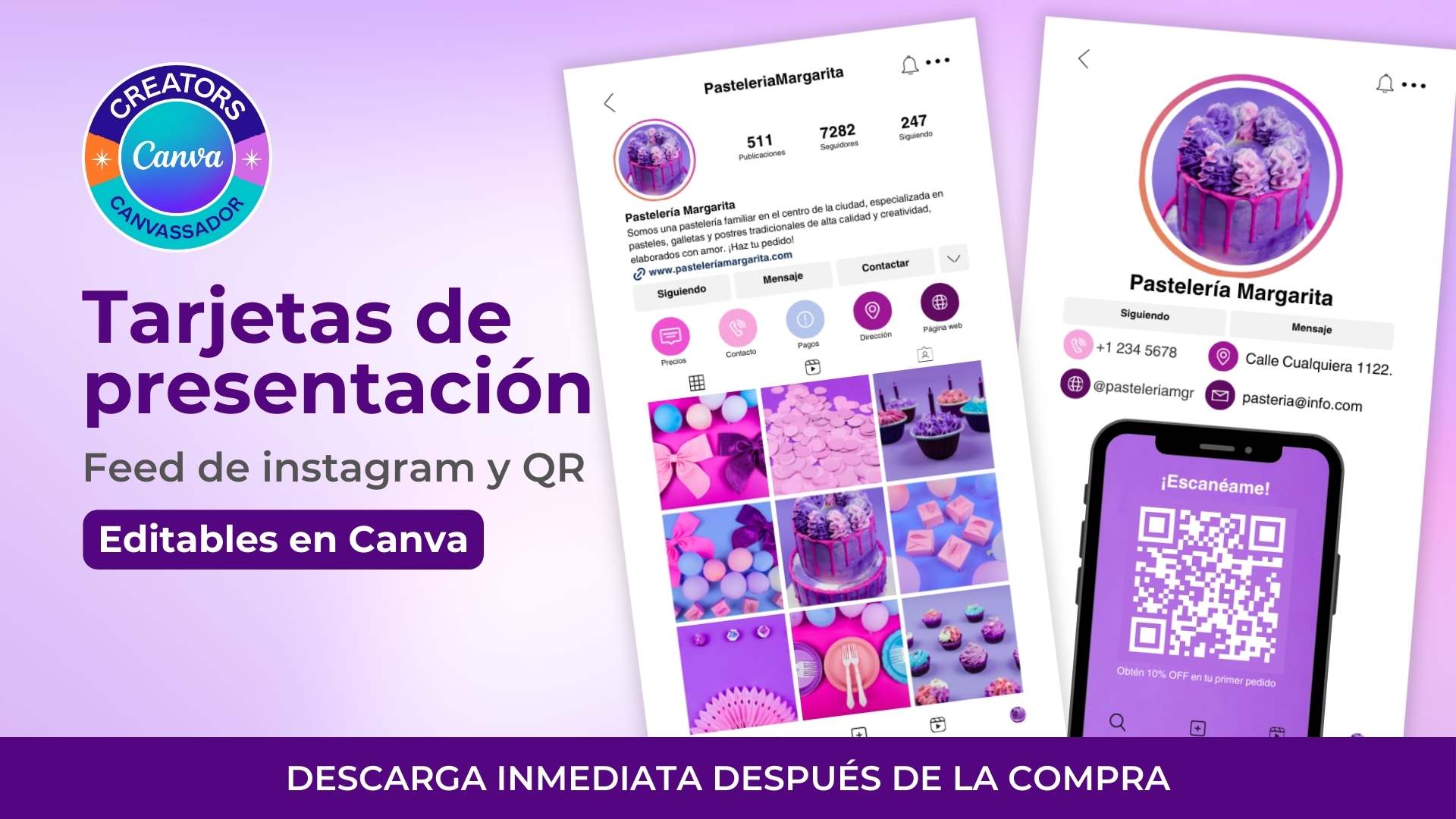 Canva template instagram feed business card with QR in spanish
