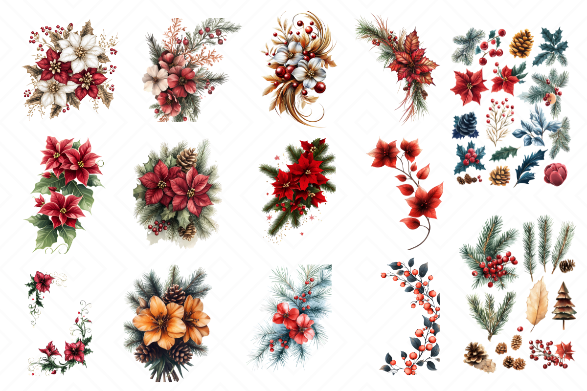 Christmas Floral Clipart Mega Bundle – 101 Transparent PNG Files