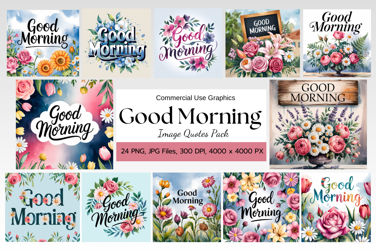 Good Morning Image Quotes Pack - 24 PNG & JPG Files