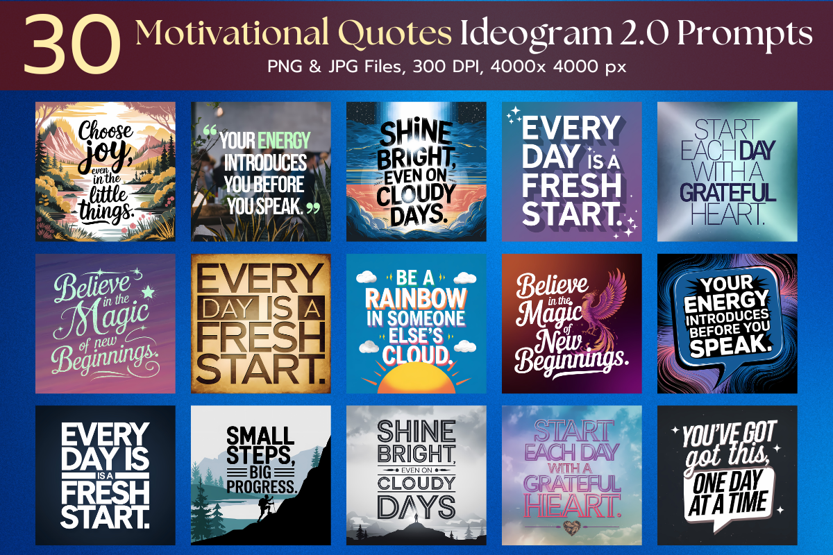 30 Motivational Quotes Ideogram 2.0 Prompts - PNG & JPG Files