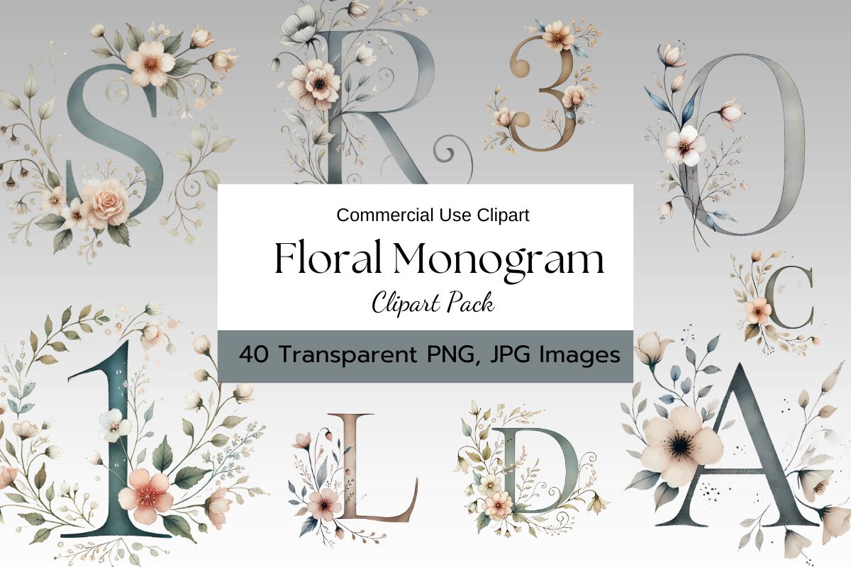 Floral Monogram Clipart Pack - 40 PNG & JPG Images