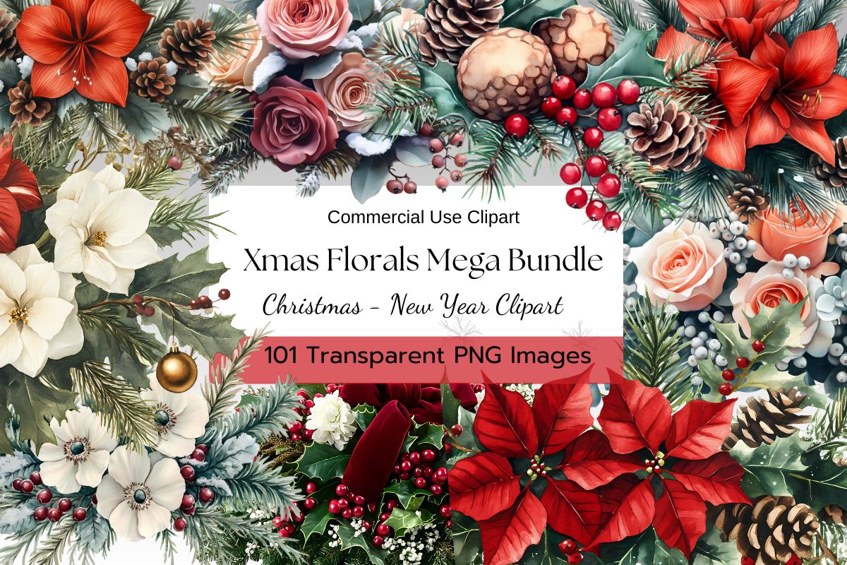 Christmas Floral Clipart Mega Bundle – 101 Transparent PNG Files