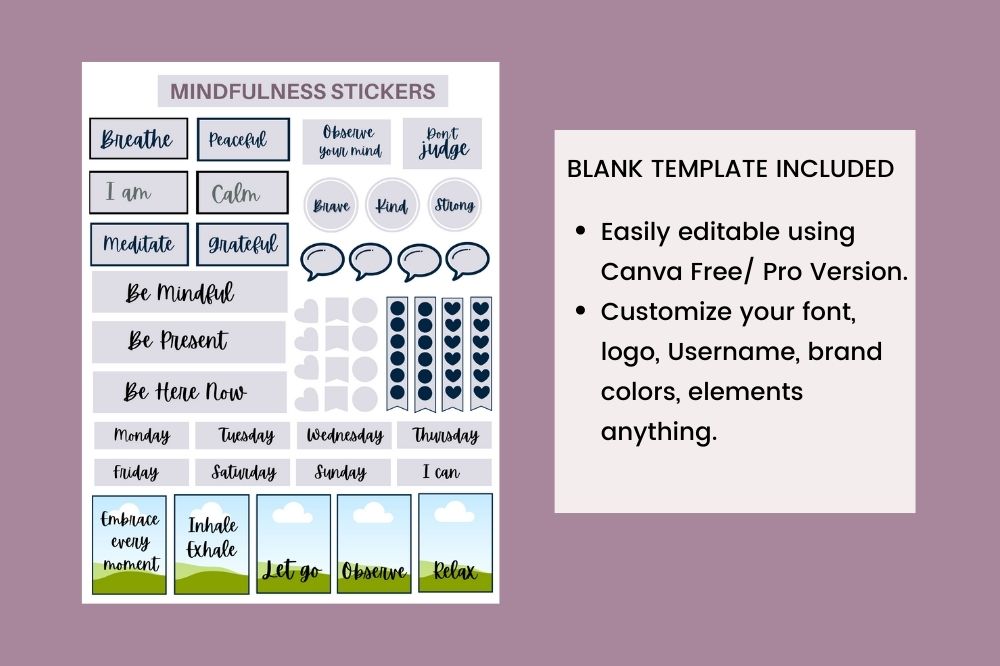 Mindfulness Sticker Sheet Canva Editable Template