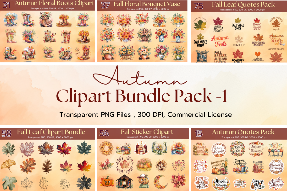 Autumn Clipart Bundle Pack - Fall Floral, Boots, Leaves & Quotes