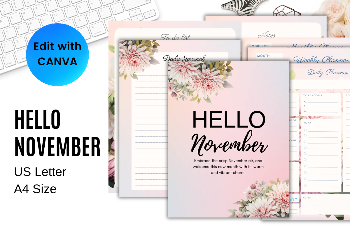 Hello November Planner | US Letter & A4 | Editable in Canva