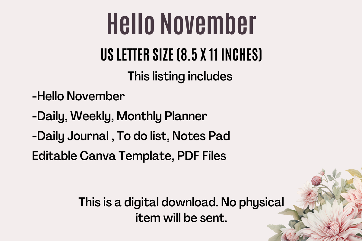 Hello November Planner | US Letter & A4 | Editable in Canva
